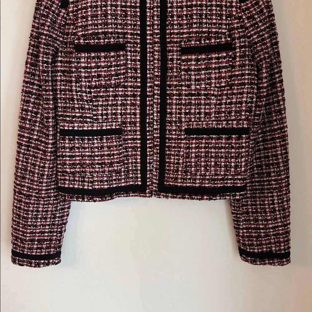 Mango Tweed cropped boxy Black red white full zip Blazer suit jacket women 8 EUC